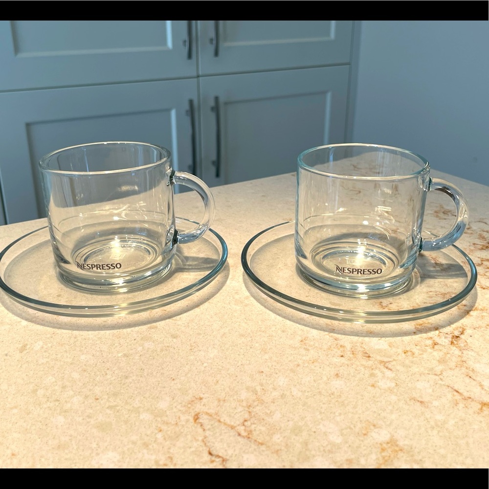 NWOB 3 Nespresso Espresso Glass Mugs With Plates